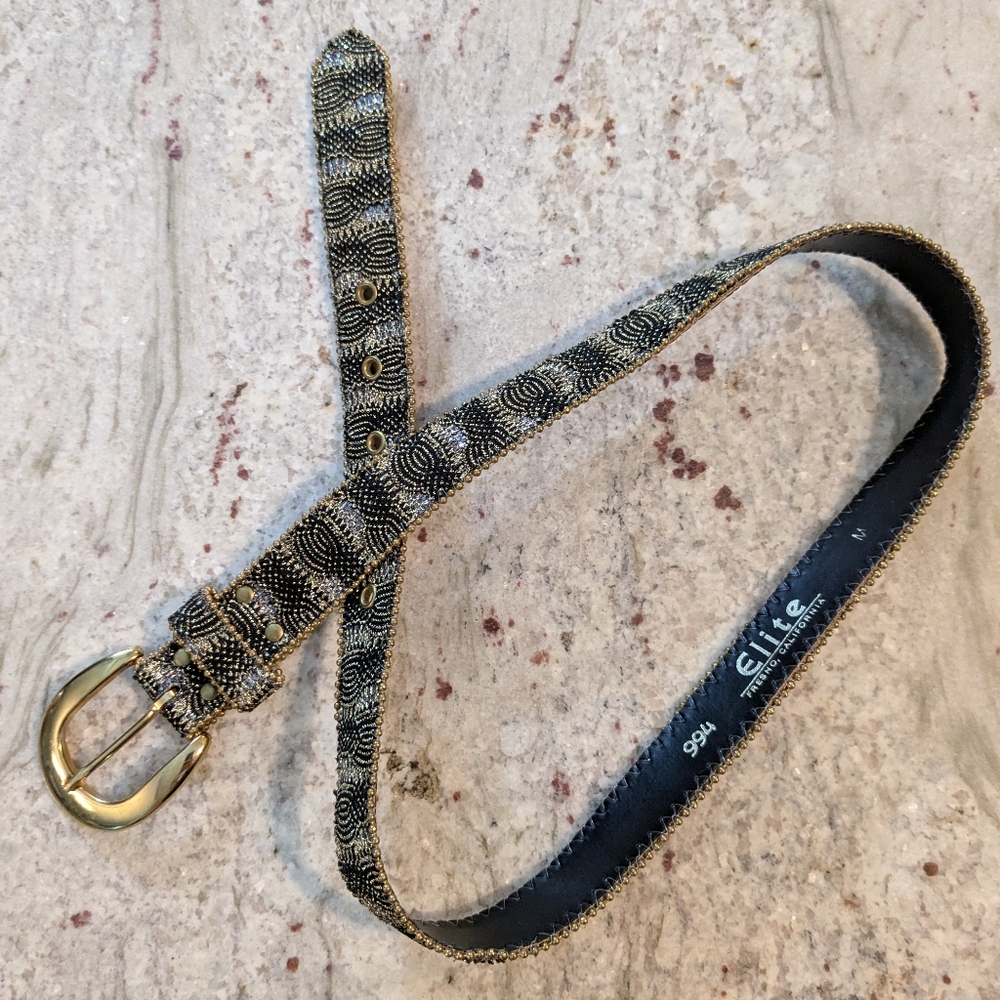 Elite Black Metallic Fresno CA Gold Tone Buckle Glitter Belt Womens Size Medium